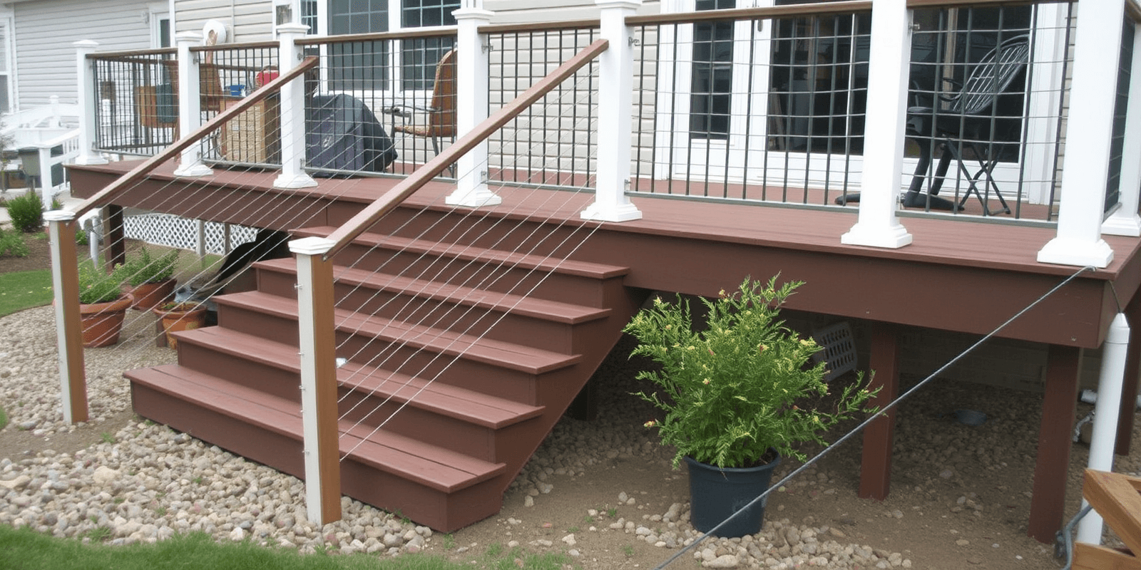 trex composite decking stairs with cable railing